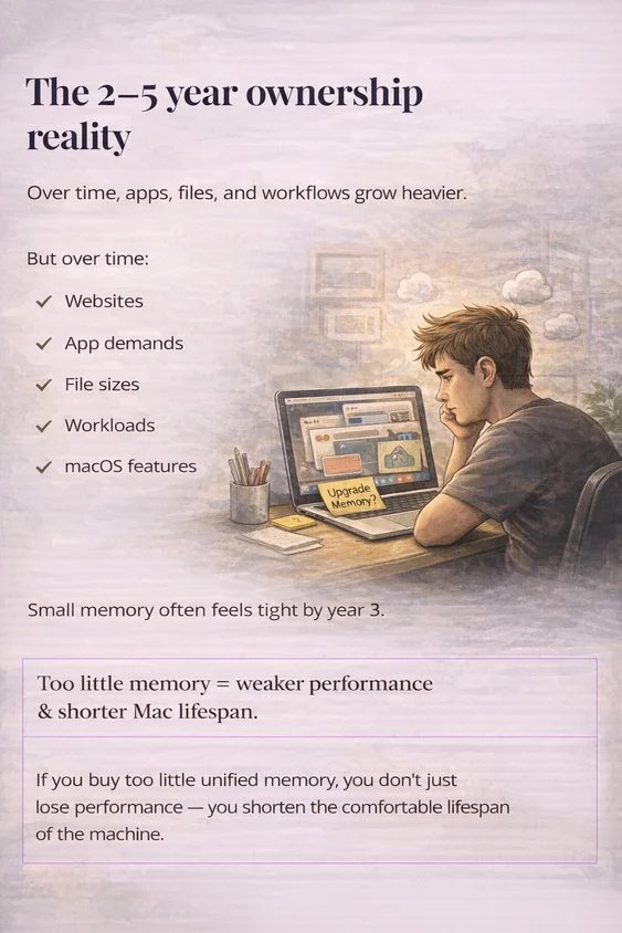 Illustration showing how Mac performance feels constrained over time when unified memory is too small