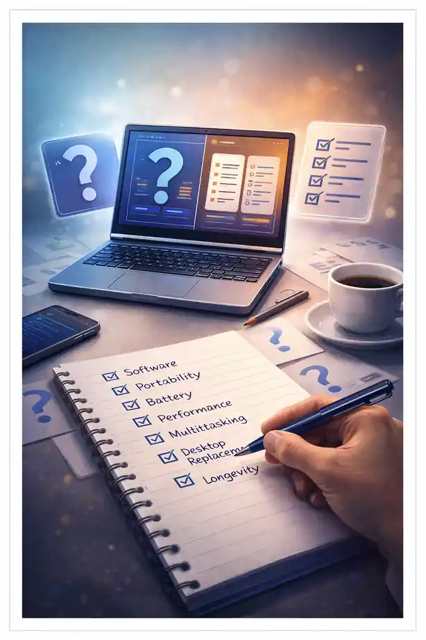 Checklist and laptop showing key buying questions like software needs, portability, battery life, performance, and multitasking