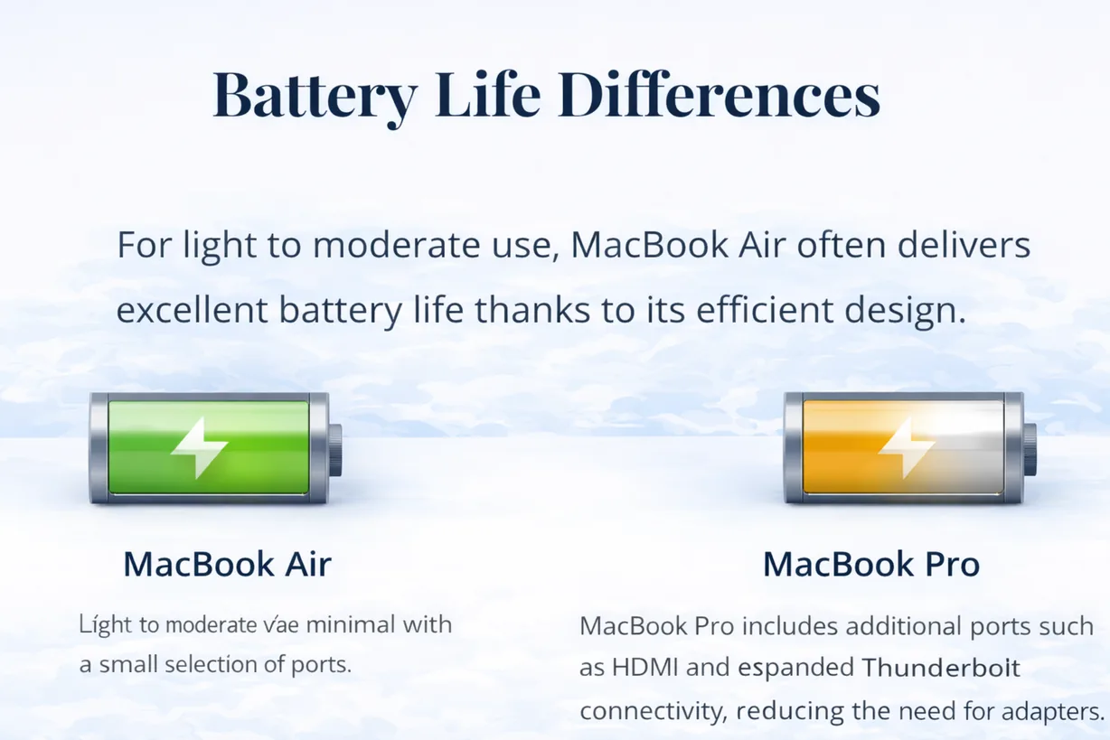 MacBook Air versus MacBook Pro battery life comparison showing efficient Air battery for light use and Pro endurance under heavy workloads