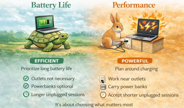 Battery life vs performance laptop comparison showing efficiency vs power usage and charging needs