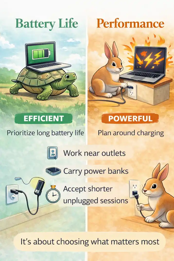 Illustration showing the tradeoff between battery life and performance in laptops with efficiency on one side and power with charging needs on the other