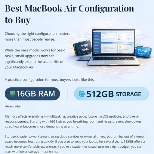 Best MacBook Air configuration showing 16GB RAM and 512GB storage recommendation