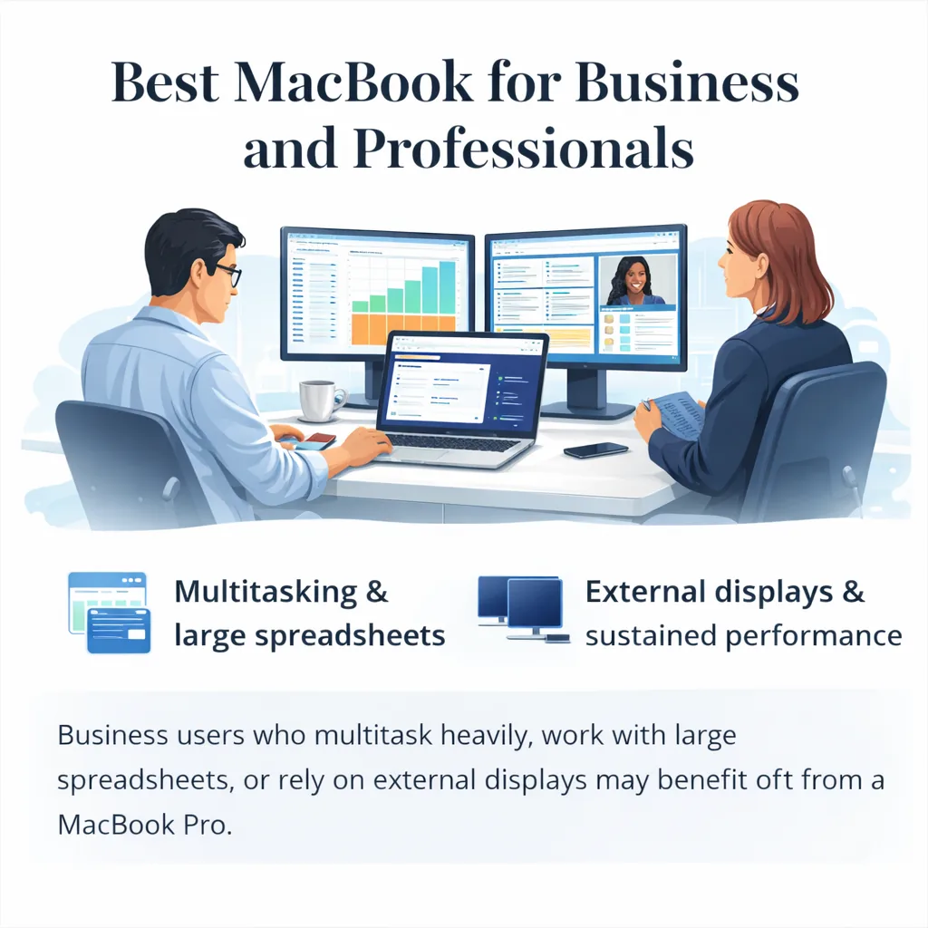 Business professionals using MacBook Pro with external monitors, spreadsheets, and multitasking workloads