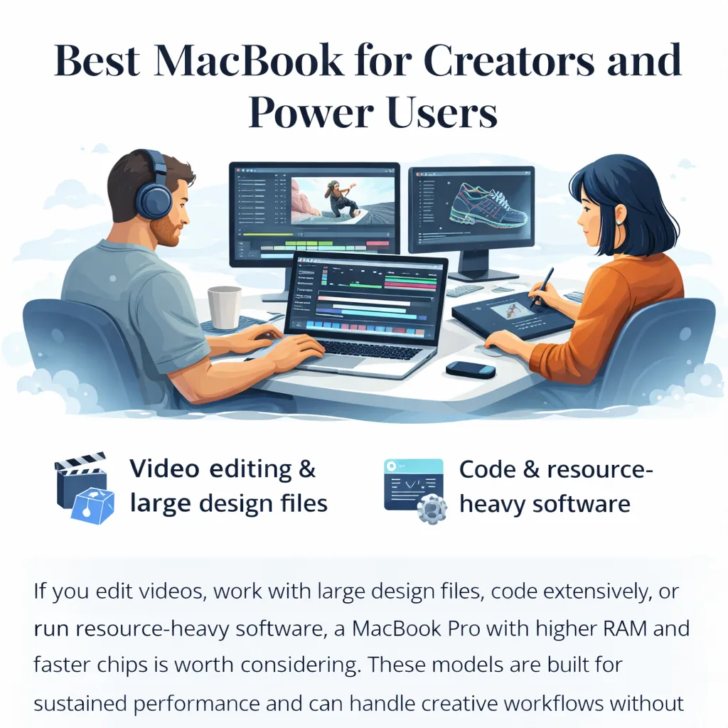 Creators using MacBook Pro for video editing, design work, coding, and resource-heavy creative workflows