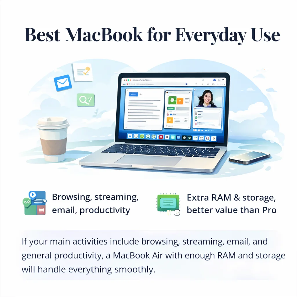 MacBook Air shown handling everyday tasks like browsing, streaming, email, and general productivity