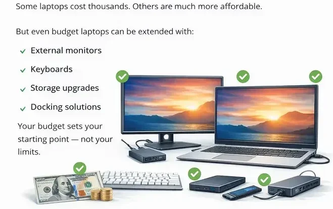 Budget is part of the equation laptop setup showing affordable laptop upgrades and accessories