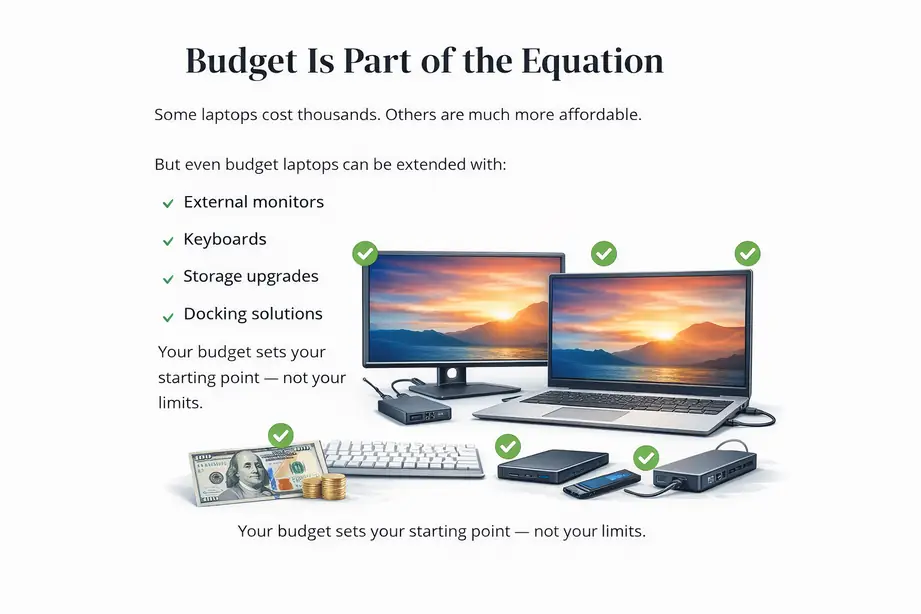 Budget laptop buying guide showing how external monitors, keyboards, storage upgrades, and docking stations extend affordable laptops