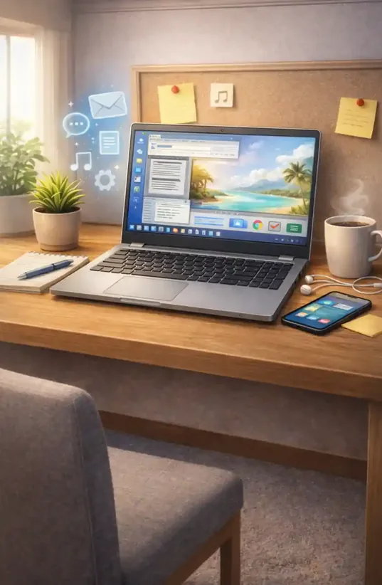 Budget laptop on a home desk setup for everyday tasks like browsing and writing