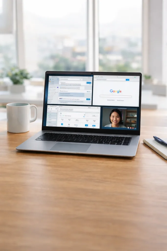 Budget laptop used for everyday tasks like email, browsing, video calls, and light office work