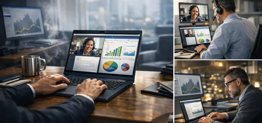 Business laptop showing consistent performance during multitasking in a professional work environment