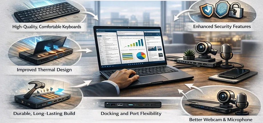 Business laptop highlighting key features like durability, keyboard comfort, thermal design, and connectivity options