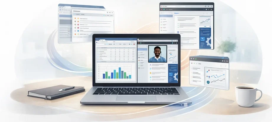 Business laptop multitasking with browser tabs documents video calls and productivity tools running smoothly