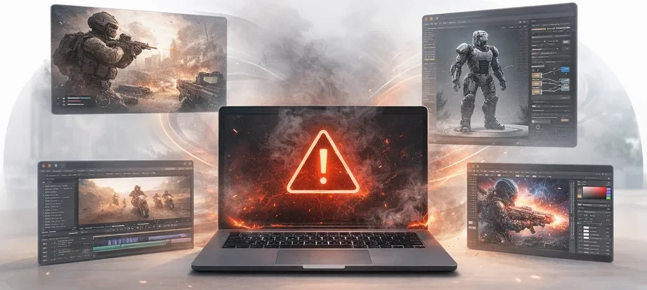 Business laptop contrasted with heavy tasks like gaming rendering and video production showing limitations