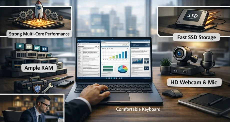 Business laptop highlighting performance features like multitasking, SSD speed, and professional build quality