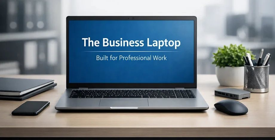 Business laptop used for professional work in a clean, minimal office setup