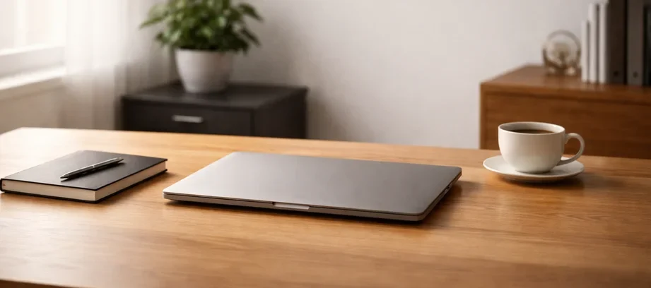 Minimal business laptop setup emphasizing reliability focus and distraction-free professional work