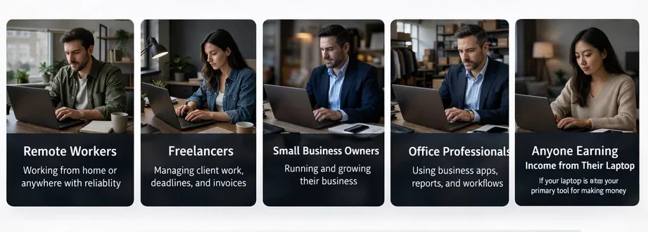 Professionals using business laptops including remote workers freelancers and office professionals