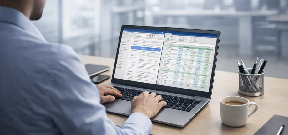 Business laptop being used during a focused work session in a professional environment