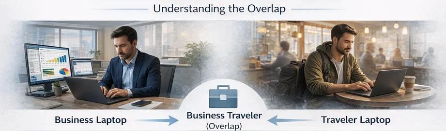 Comparison between business laptop and traveler laptop showing mobility versus performance use cases