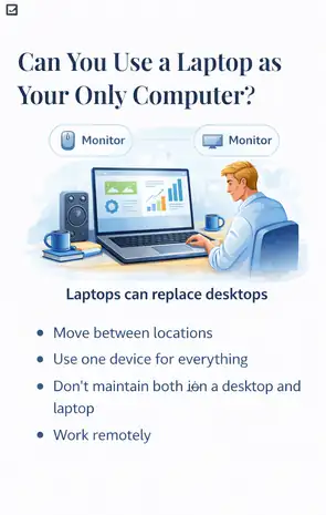 Laptop setup showing how a laptop can replace a desktop computer with external monitor and workspace
