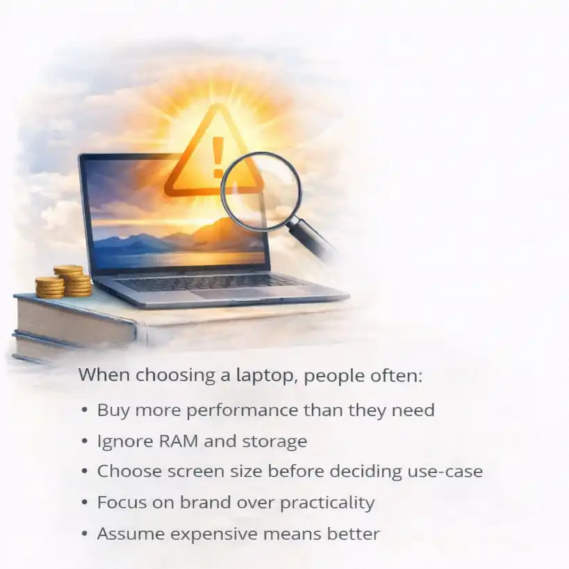 Common mistakes to avoid when choosing a laptop, including overbuying performance, ignoring RAM and storage, and prioritizing brand over practical needs.