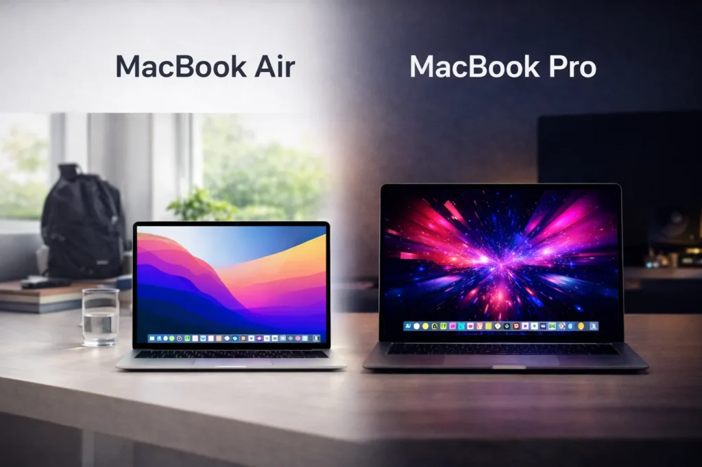 Split-screen comparison showing MacBook Air in a bright workspace and MacBook Pro in a darker professional setup
