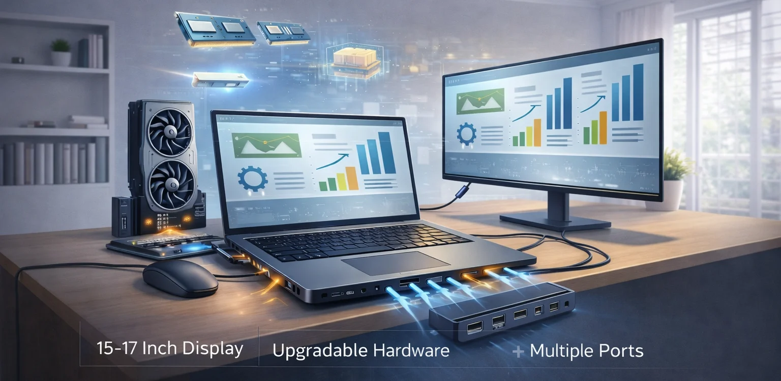 Desktop replacement laptop with large display multiple ports and powerful hardware connected to external monitor