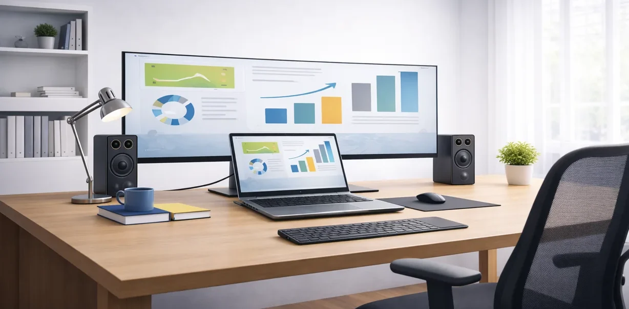 Desktop replacement laptop setup with ultrawide monitor showing how a laptop can replace a desktop computer at home