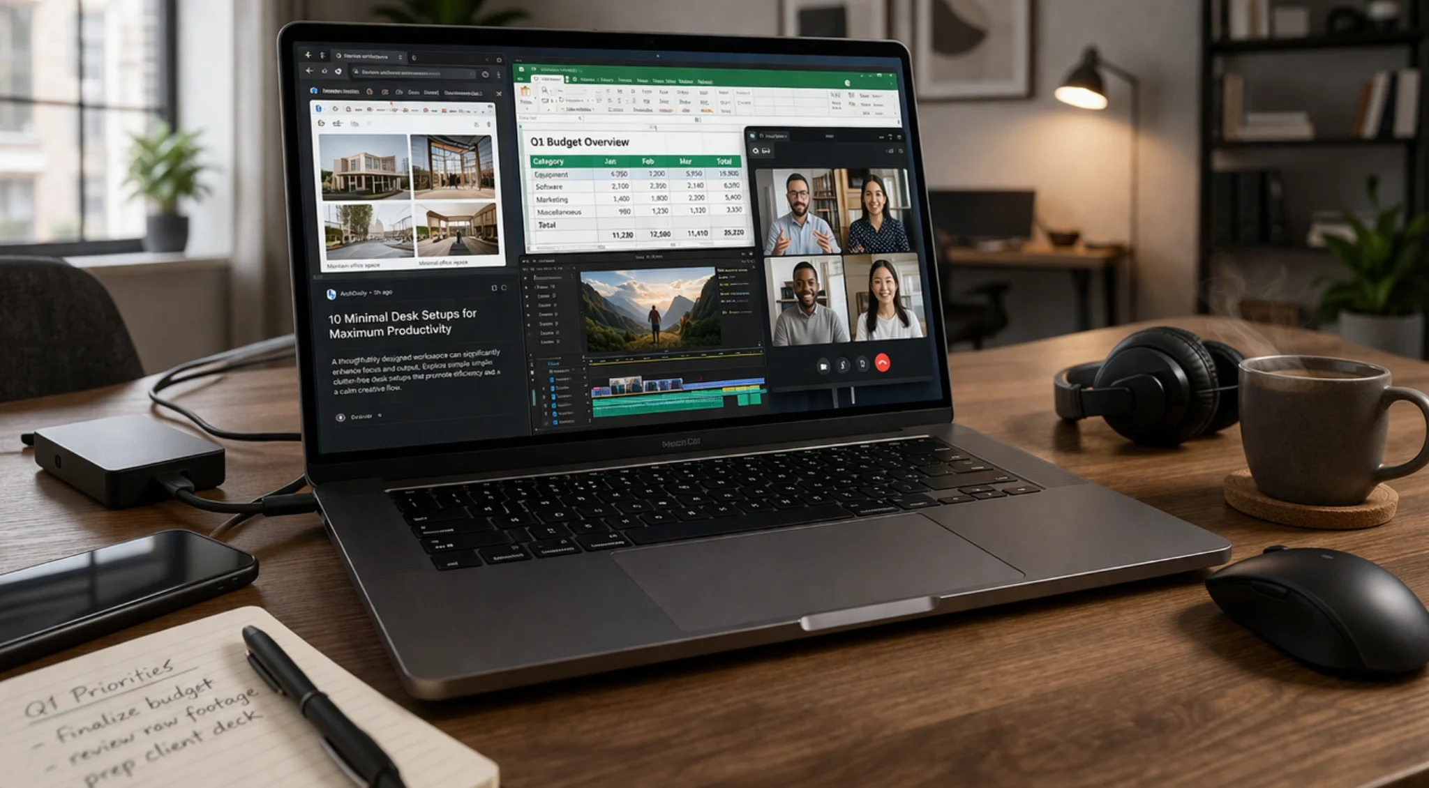 Laptop handling multitasking with browser spreadsheet video call and editing software in a modern home office setup