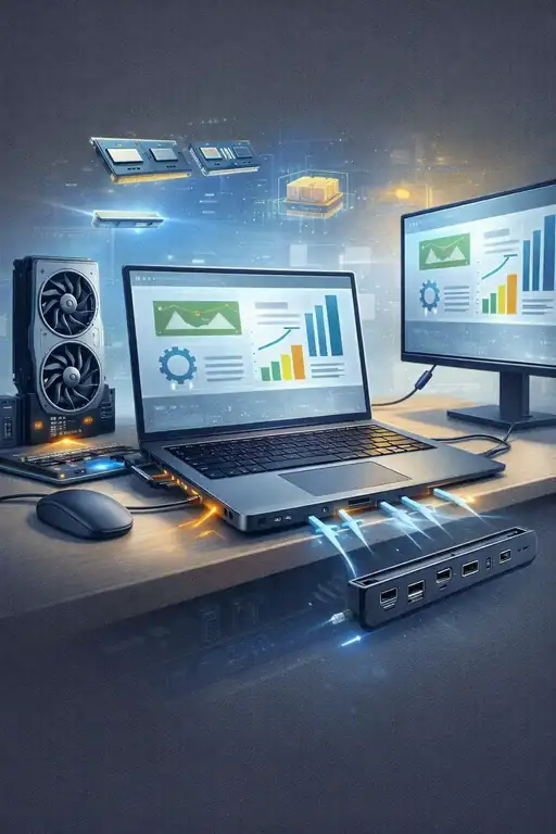 Desktop replacement laptop setup showing powerful performance with external monitor, ports, and workstation layout