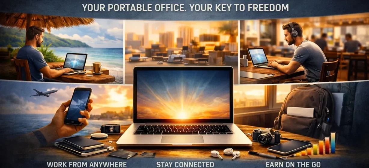 Laptop as the most important tool for remote work, showing a portable workspace across travel environments