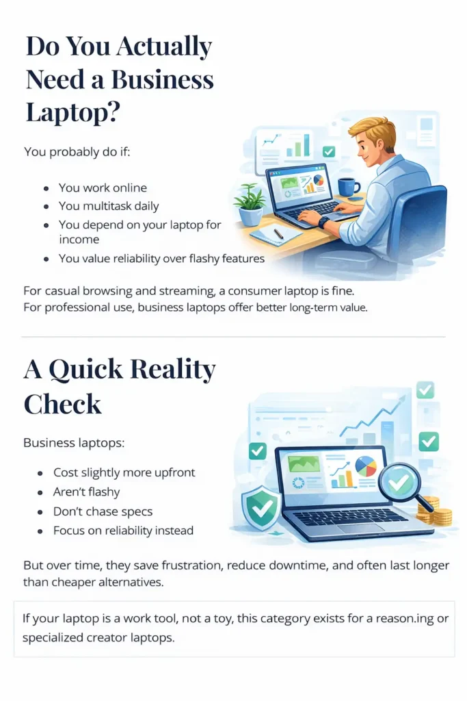 Illustration showing when you actually need a business laptop, focusing on online work, multitasking, income reliability, and long-term value