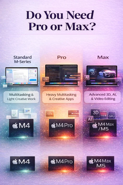 Illustrative comparison showing standard M-series, Pro, and Max MacBook chip tiers with increasing performance intensity
