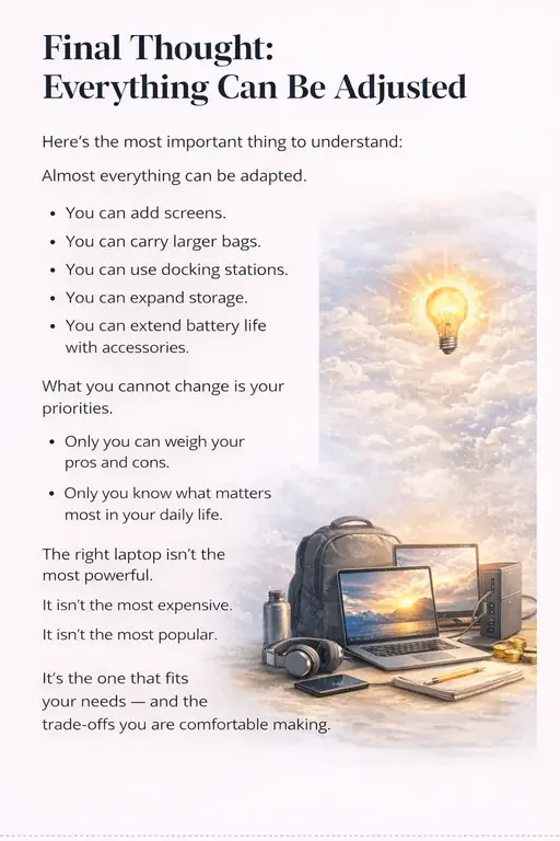 Infographic showing that choosing the right laptop is about balancing priorities like screen size, portability, battery life, and performance