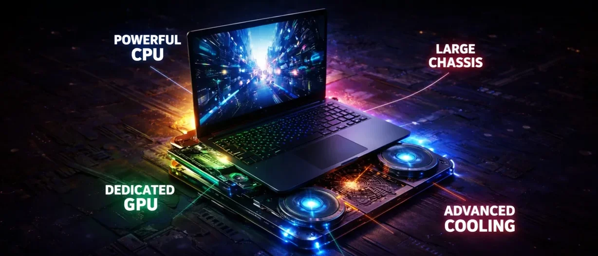 Gaming laptop components and features including dedicated graphics high refresh display powerful CPU and advanced cooling