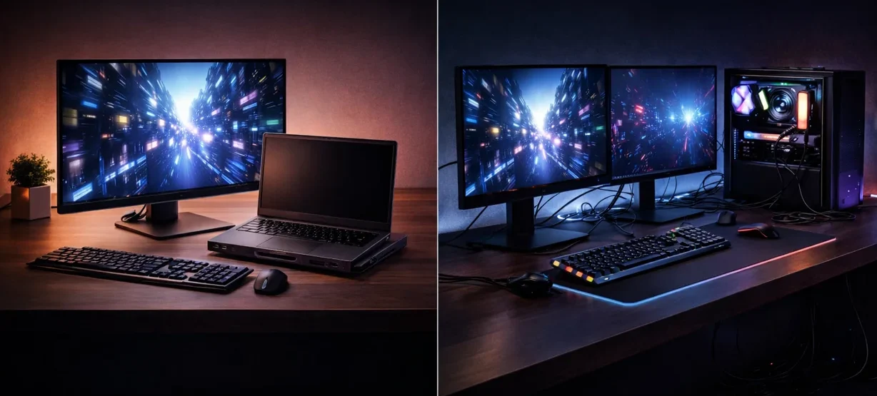 Gaming laptop compared with desktop setup showing portable high-performance laptop versus traditional desktop workspace