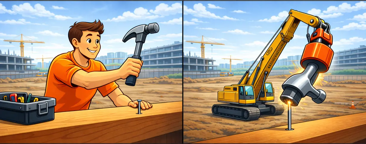 Manual hammer vs excavator hydraulic hammer driving a nail comparison