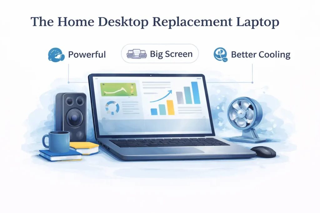 Home desktop replacement laptop with large screen and strong performance designed to replace a traditional desktop computer