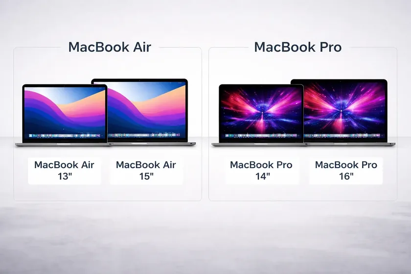 MacBook Air and MacBook Pro lineup showing 13-inch, 15-inch, 14-inch and 16-inch models side by side