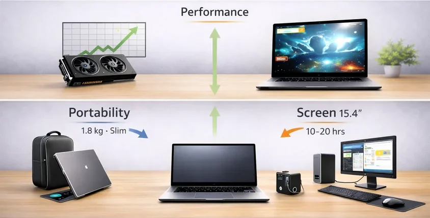 How to choose a laptop based on your needs showing performance, portability, screen size, and battery life priorities