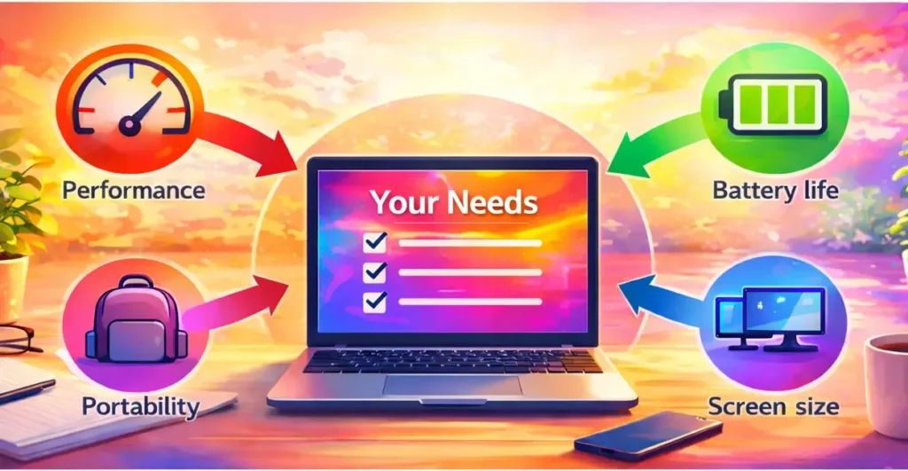 Step-by-step hero image showing how to choose the right laptop for your needs by balancing performance, portability, screen size, and battery life