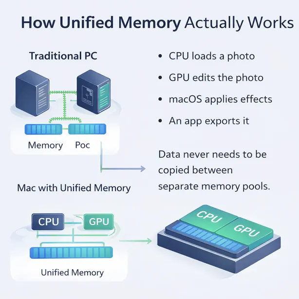 Diagram explaining how Apple unified memory works with CPU and GPU sharing one memory pool