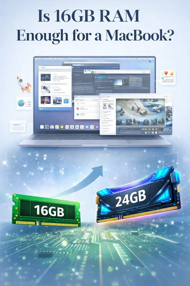 MacBook RAM comparison showing 16GB for everyday use versus 24GB for heavier multitasking and long-term performance