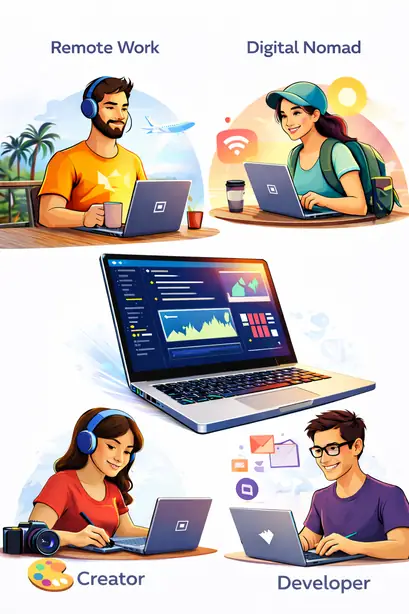 illustration showing remote workers, digital nomads, creators and developers using one laptop for daily professional work