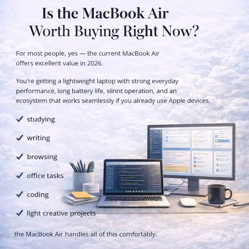 MacBook Air daily use illustration showing studying, writing, browsing, office tasks, coding, and light creative projects