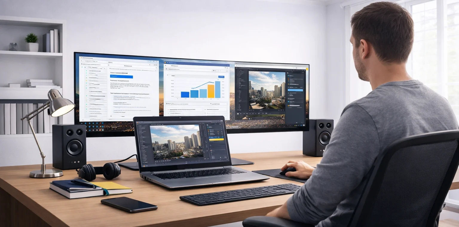 Laptop used as a main computer with external monitor keyboard and multiple applications in a home office setup