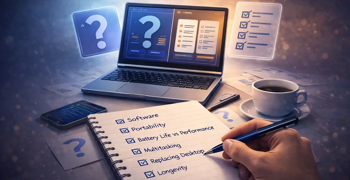 Laptop buying checklist showing software, portability, battery life vs performance, multitasking, desktop replacement, and longevity questions
