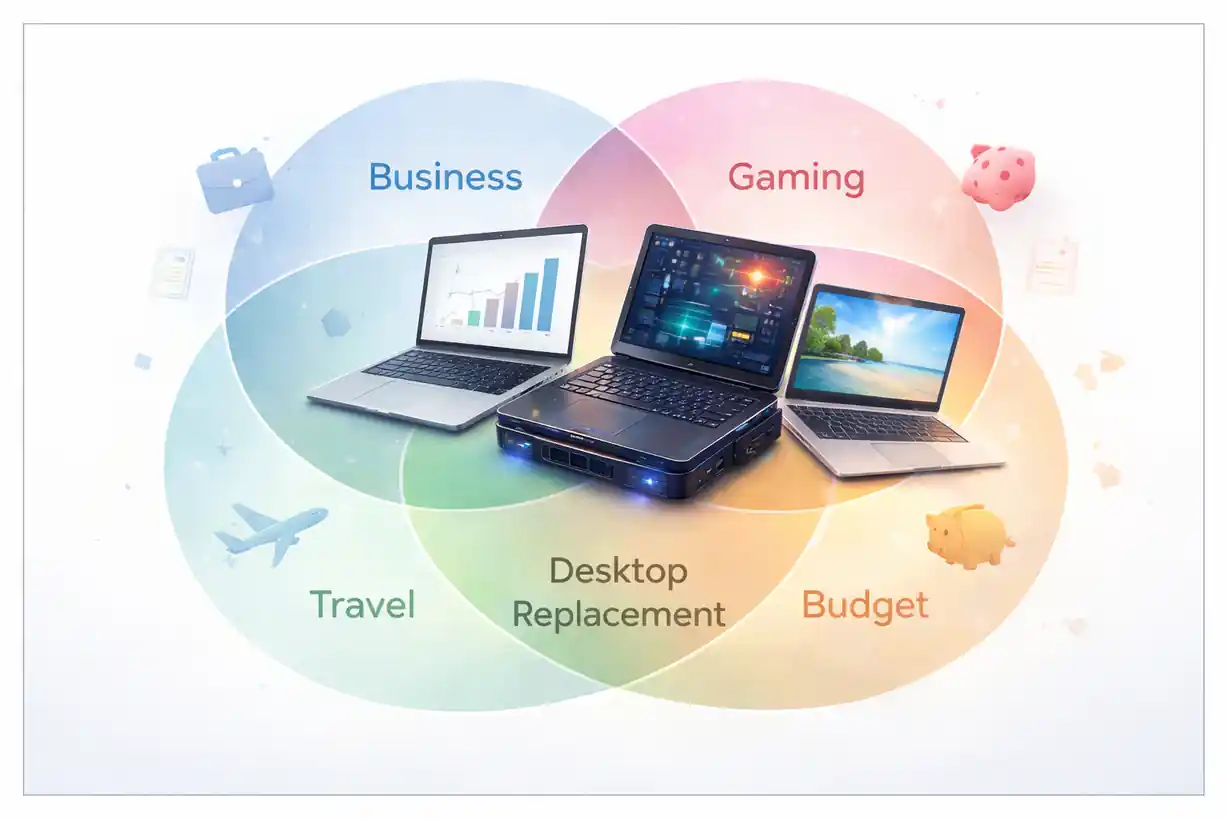 Laptop categories overlapping to show gaming, business, travel, budget, and desktop replacement are guidelines, not hard rules
