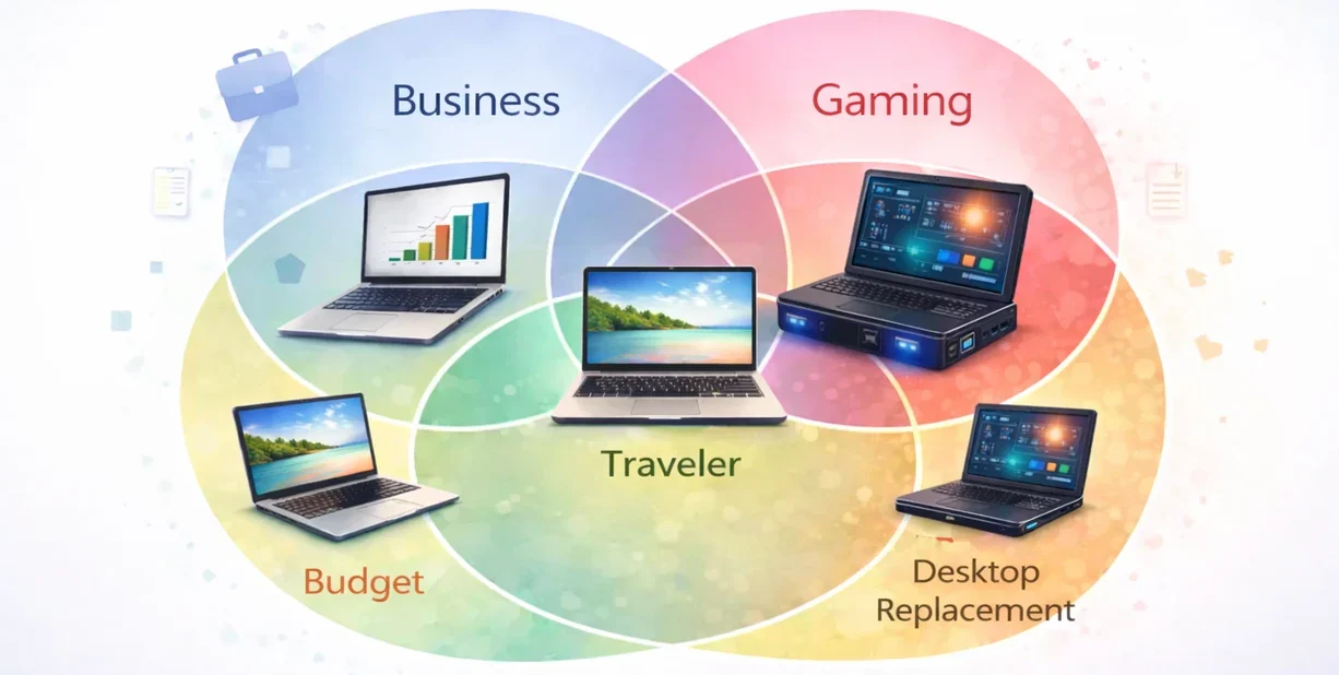 Laptop category overlap diagram showing business, gaming, budget, traveler, and desktop replacement laptops with traveler at the center