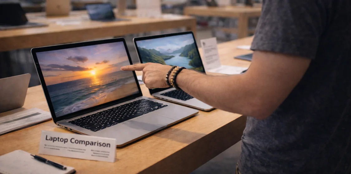 Comparing two laptops in a store to choose the right device